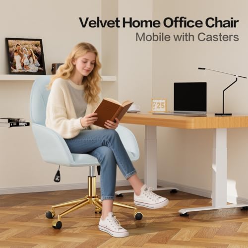 Home Office Desk Chair Comfy with Adjustable Swivel Wheels, Modern Velvet Makeup Vanity Chair with Back & Pillow, Ergonomic Office Chair Computer Task Chair for Living Room, Bedroom, Blue - color: Blue