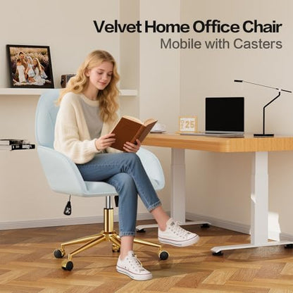 Home Office Desk Chair Comfy with Adjustable Swivel Wheels, Modern Velvet Makeup Vanity Chair with Back & Pillow, Ergonomic Office Chair Computer Task Chair for Living Room, Bedroom, Blue - color: Blue