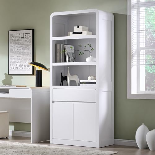 72" Tall Modern Bookshelf with Doors, 5-Tier Large Bookcase w/Drawer, Wooden Storage Cabinet w/Adjustable Shelves, Versatile Book Shelf w/Curved Profile Design for Living Room, Office, White - color: White
