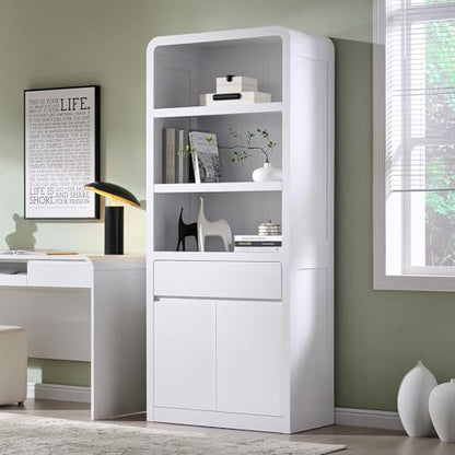 72" Tall Modern Bookshelf with Doors, 5-Tier Large Bookcase w/Drawer, Wooden Storage Cabinet w/Adjustable Shelves, Versatile Book Shelf w/Curved Profile Design for Living Room, Office, White - color: White