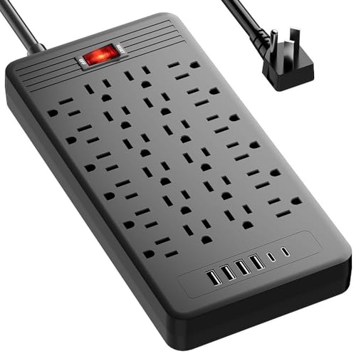 24 Outlets Surge Protector Power Strip - 5 Feet Flat Plug Extension Cord with 24 Widely Outlets and 4 USB Ports, 2 USB C Ports,Portable Outlet Extender, Wall Mountable for Home Office Dorm Room,Black - color: Black, size: 5FT