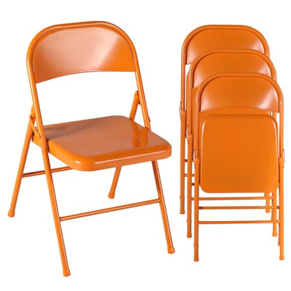 VECELO Metal Folding Chairs 4 Pack, Double Hinged Steel Frame Easy Foldable&Stackable for Office Kitchen Dinning Wedding Patio and Garden,Orange,Set of 4 - color: Orange