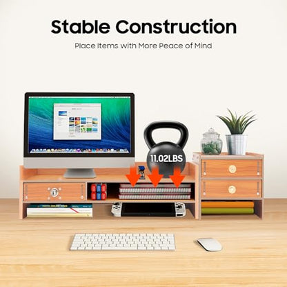 Wood Computer Monitor Stand, Computer Rack with Adjustable Desktop Storage Organizer and Drawer, Tabletop Monitor Stand for Computer Printer Cellphone