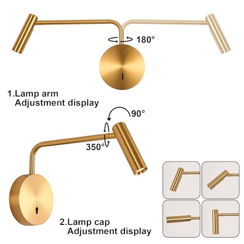 ZEROUNO Wall Mounted LED Reading Light for Bedroom Hardwired Wall Sconce with Switch on/Off Modern 3000K Swing Arm Bedside Wall Mount Lamp (Antique Bronze) - color: Gold