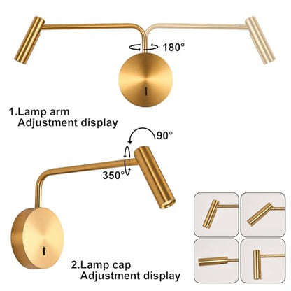 ZEROUNO Wall Mounted LED Reading Light for Bedroom Hardwired Wall Sconce with Switch on/Off Modern 3000K Swing Arm Bedside Wall Mount Lamp (Antique Bronze) - color: Gold