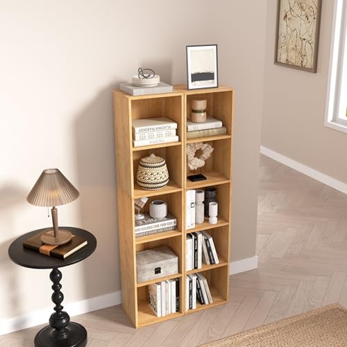 5-Tier Wooden Cube Storage Organizer, 52 Inch Tall Bookcase & Display Shelf with 5 Open Cubes, Freestanding DIY Closet Shelving Unit for Living Room Bedroom Office (Oak, 5 Cube-W(11.8inch) - color: Oak, size: 5 Cube-W(11.8inch)