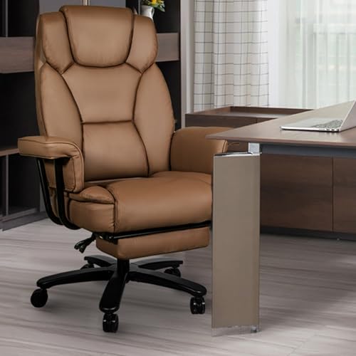 Reclining Office Chair with Footrest, Big and Tall High Back Home Office Desk Chairs 400lbs with Criss Cross Wide Seat, Heavy Duty Base, Pu Leather, Brown - color: Brown
