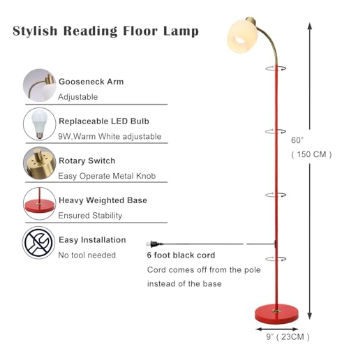 Adjustable Reading Floor Lamp,360°Rotatable Shade,3CCT LED Bulb Include,Red Gooseneck - color: Red Glass Shade