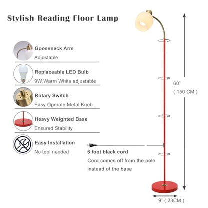Adjustable Reading Floor Lamp,360°Rotatable Shade,3CCT LED Bulb Include,Red Gooseneck - color: Red Glass Shade