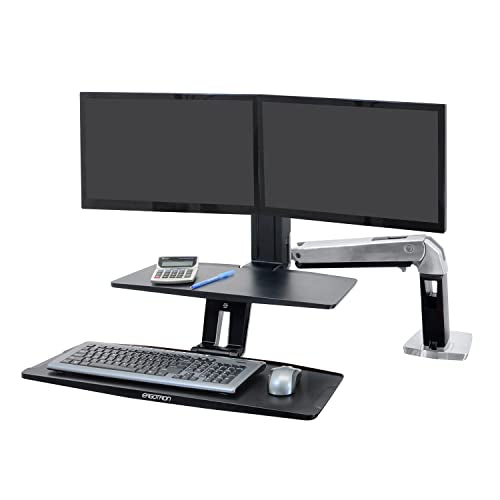 Ergotron – WorkFit-A Dual Monitor Standing Desk Converter, Sit Stand Workstation for Tabletops – Suspended Keyboard Tray - style: Suspended Keyboard Tray