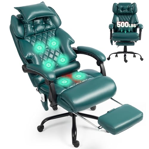 Massage Office Chair with Foot Rest,6 Points Vibration & Heat Executive Office Chairs for Heavy People,500LBS Big and Tall Office Chair,Ergonomic Reclining Desk Chair,Dual-Use Pillow,Home Office,Green - color: Green, size: 6 Point Vibration