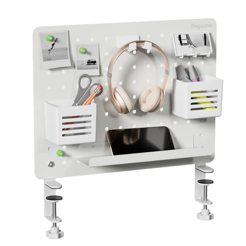 PEGZONE Clamp on Desk Pegboard, 16.5" x 12.6", with 10 Accessories, White | Magnetic Metal Peg Board, Desk Organizer for Office Gaming Home, Privacy Panel, Medium - color: White, size: Medium