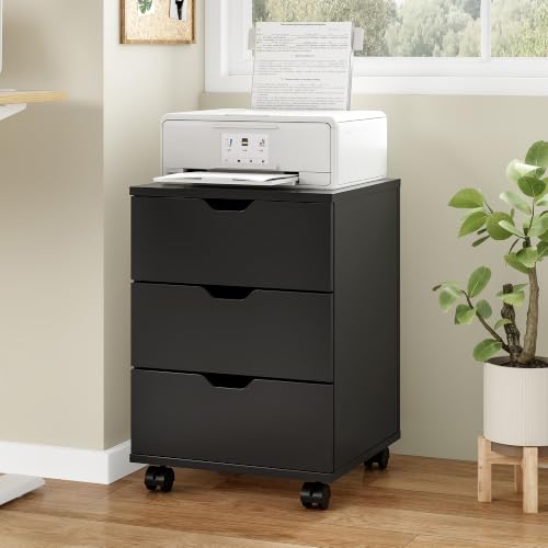 Farini 3-Drawer Under Desk Wooden File Storage Cabinet with Lockable Caster for Home Office,Black,Required Assembly - color: Black, style: Required Assembly