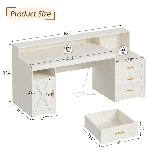 TVU 65" White Computer Desk with Drawers and Printer Stand for Home Office - color: White