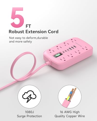 Pink Extension Cord with 6 USB(3 USB-C) 8 Outlets, Flat Plug Power Strip - size: 5 FT-Pink-Three Prong