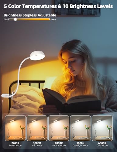 Clip on Light, LED Reading Light for Beds Headboards,5 Color Modes Dimmable | Flexible Clip on Lamp with Clamp,Eye-Friendly Book Light Reading Light for Books in Bed Bedside Desks White - color: White