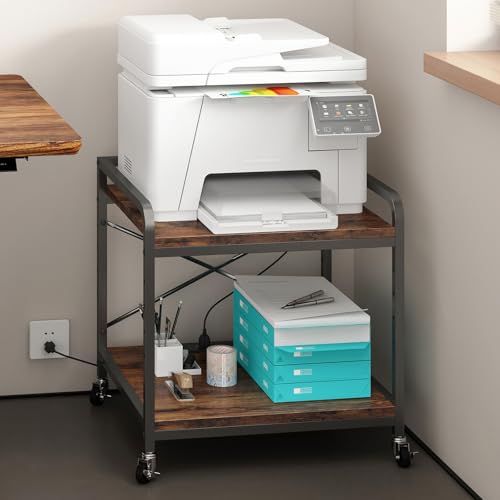 Under Desk Printer Stand with Power Outlet, Adjustable Shelf,Rustic Brown - color: Rustic Brown