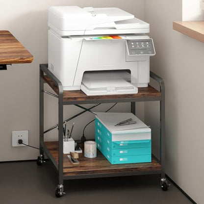 Under Desk Printer Stand with Power Outlet, Adjustable Shelf,Rustic Brown - color: Rustic Brown