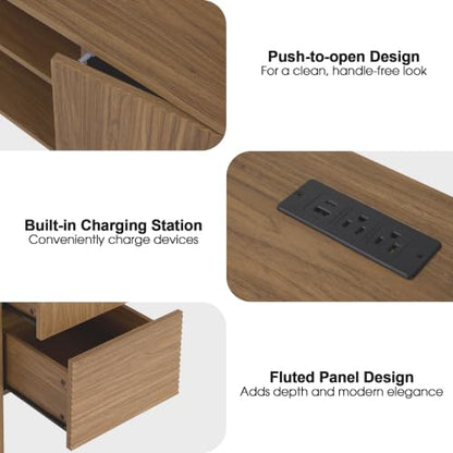 WAMPAT Fluted Executive Desk with Drawers, 58" Modern Home Office Computer Desk with Charging Station, Storage Shelves, Wooden Writing Desk for Home Office, Work Study Writing, Walnut - color: Walnut