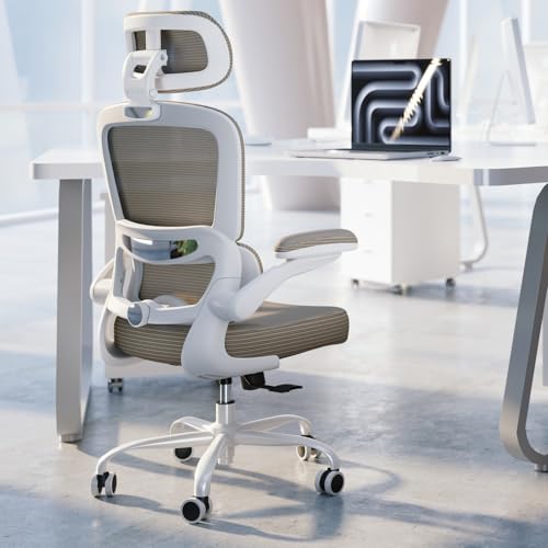 TRALT Ergonomic Office Chair Desk Chair with Adjustable Lumbar Support | Home Office Desk Chairs with Flip-up Armrests & 3D Headrest - Mesh Gaming Chairs for Adults, 330lbs, PU Leather (Khaki, 1) - color: Khaki, size: Pack of 1