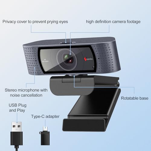 Angetube 1080P Streaming Camera，Computer PC Camera with Privacy Cover | 2 Mics, Plug & Play, USB C Adapter,Student Webcam for Teams/Meeting/Online Class, College Dorm Back to School Essential