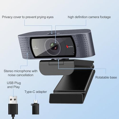 Angetube 1080P Streaming Camera，Computer PC Camera with Privacy Cover | 2 Mics, Plug & Play, USB C Adapter,Student Webcam for Teams/Meeting/Online Class, College Dorm Back to School Essential