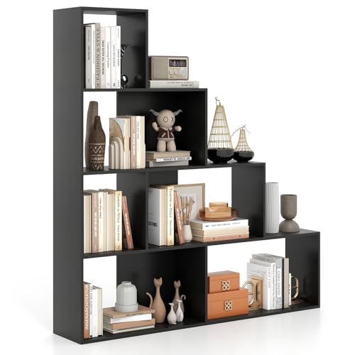 Tangkula 4-Tier Stepped Bookshelf, Freestanding 6 Cubes Ladder Bookcase with Anti-Tipping Kits, 64" Tall Modern Wooden Storage Display Rack for Home Office Living Room Study (1, Black) - color: Black