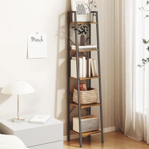 Hzuaneri Ladder Shelf, Bookshelf, Freestanding Corner Storage Shelf | Bookcase with 2 Hooks for Office, Living Room, Kitchen, Bedroom, Industrial, 11.8"D x 13.4"W x 63"H, Rustic Brown BC03201B - color: Rustic Brown, size: 11.8"D x 13.4"W x 63"H