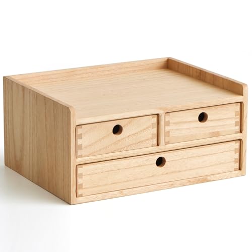 KIRIGEN Wooden Desk Organizer with 3 Drawers and Top Tray Natural DT2D3C-NA | 3-Drawer Cabinet with Top Shelf Stores Papers, Office Supplies, Cosmetics, Crafts, and Small Accessories on Desks or Counters - color: Natural, size: 2 layer-3 drawers