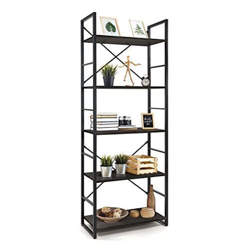 CAPHAUS 5 Tier Bookshelf, 24 Inch Width Free Standing Shelf, Bookcase Shelf Storage Organizer, Industrial Book Shelves for Home Office, Living Room, Kitchen, Black Vintage Shelves & Metal Frame - color: Black, size: 5-Tier