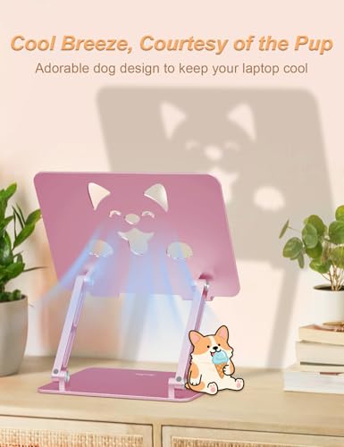 Aoviho Aluminum Laptop Stand for Desk Fit for All 10"-17.3" Laptops, Pink | Height-adjustable Notebook Holder, Ergonomic Computer Riser with Unique Puppy Cooling Vent, for Mac, Dell, Lenovo, HP - color: Rose Gold