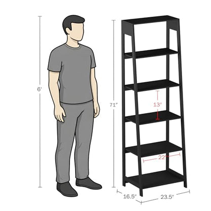 Lavish Home 5-Tier Ladder Bookshelf - Modern Freestanding Wooden Bookcase with Leaning Look Frame Design - Display Shelves for Books, Décor, and Storage in Home, Living Room or Office (Black)