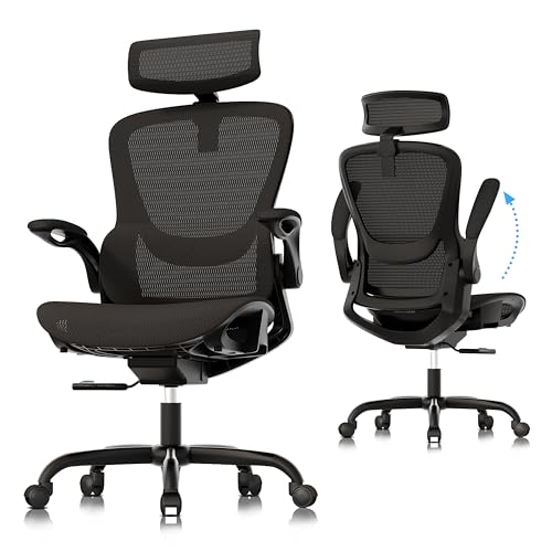 Ergonomic Mesh Office Chair, Adjustable Home Desk Chair with Folding Armrest, 2D Headrest, Soft Seat and PU Wheel, Black Swivel Task Chair for Office, Business, Student (GY1108) - color: Black