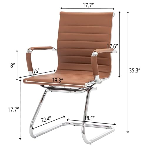Conference Room Chairs Set of 4, Waiting Room Chairs with Arms, Faux Leather Reception Chairs No Wheels, Office Guest Chairs with Mid Back Support and Chrome Sled Base, Cafe - color: Cafe, size: 4PCS