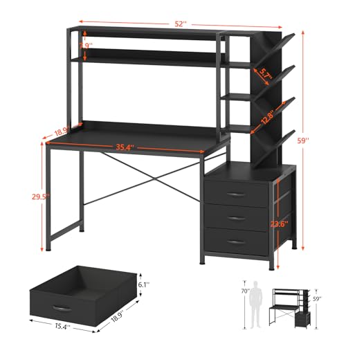 YOMILUVE 52" Computer Desk with Bookshelf, 3 Drawers ＆ Hutch for Bedroom | Black Office Desk with Printer Shelf, Study Writing Desk with Storage Shelves - color: Black