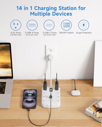 Short Extension Cord 1 FT with 6 USB(3 USB C) 8 Outlets, Flat Power Strip - size: 1 FT-White-Three Prong