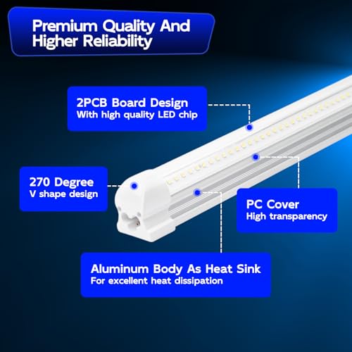 hykolity T8 LED Shop Lights 4FT, 6500K Super Bright White, 40W, 5200LM | V Shape Integrated LED Tube Light, High Output Linkable Shop Lights for Garage Workshop, Built-In On/Off Switch, 4 Pack - size: 4FT