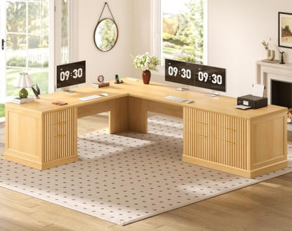 SEDETA Fluted 78.8" L Shaped Desk with 6 Drawers, Fluted Oak - color: Fluted Oak, size: 78.8" L Shaped Desk