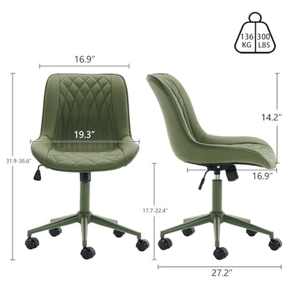 YOUNIKE Faux Leather Office Desk Chair Comfy Vanity Chair Armless Green | Ergonomic Upholstered Rocking Back, Swivel with Wheels, Height Adjustable, Modern Task Chair For Computer Sewing Drafting - color: All Green