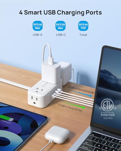 TROND 360° Rotating Flat Plug Power Strip 10ft, 4 Widely AC Outlets, White - color: White, size: 10FT
