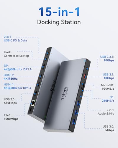 Selore USB C Docking Station 3 Monitors Laptop Hub Dual 4K HDMI +DP | 10Gbps USB-A/C Data Transfer, 100W PD, Ethernet, Audio, SD/microSD Slot,USB-C Dock for Dell XPS/HP/Lenovo - color: Space Gray