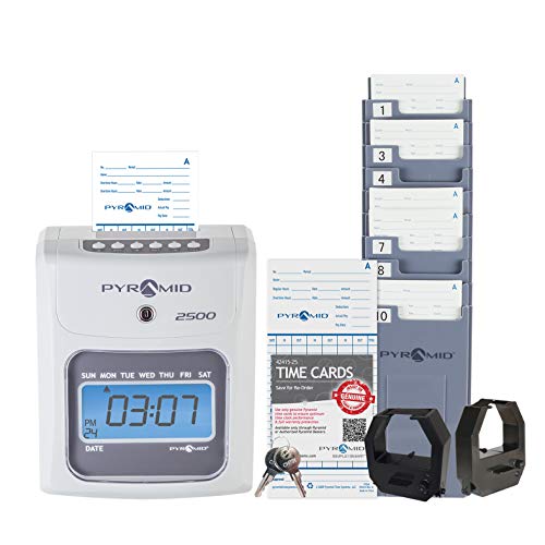 Pyramid Time Systems - 2500 Auto-Aligning Time Clock Bundle [2500K1] | Employee Time Clock, for Small Business, System With 100 Time Cards, 2 Ribbon Cartridges, 10-Slot Rack & Security Keys