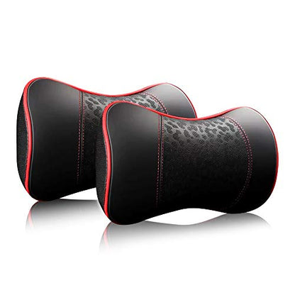HAOTULE Car Leather Neck Pillows, Neck Rest Cushions,100% Memory Foam Cervical Support, Comfortable Travel car Seats and Home Office Soft Pillows, Red a Set (2 pcs) - color: Red