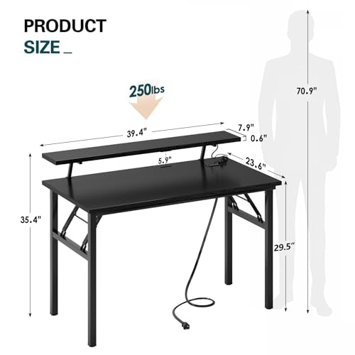 DlandHome 39" Computer Desk with Power Outlets & LED Lights, Black, Bedroom - color: Black + Black, size: 39 Inches + Outlets