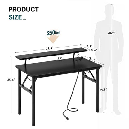 DlandHome 39" Computer Desk with Power Outlets & LED Lights, Black, Bedroom - color: Black + Black, size: 39 Inches + Outlets