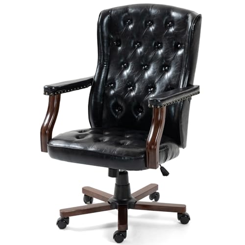 ECOTOUGE Ergonomic Home Desk Chair, Faux Leather Executive Chair, Vintage Wingback Swivel Work Chair, Classic Computer Chair for Home, Office and Living Room, Black - color: Black
