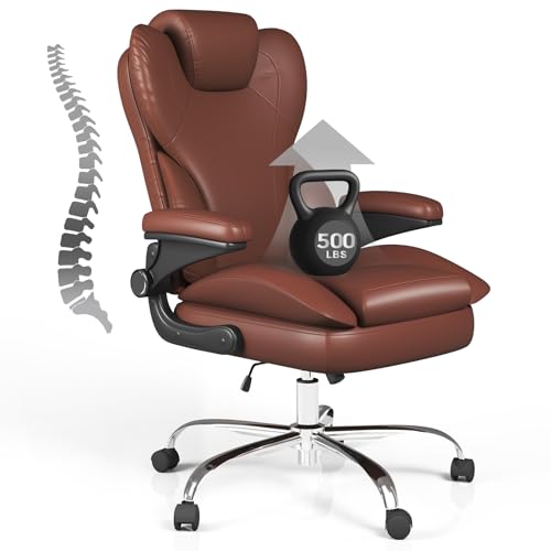 Home Office Chair with Flip-Up Arms, Leather Executive Desk Chair, LBR | Ergonomic Lumbar Support, 500 LBS Capacity, Memory Foam Seat, Adjustable Height, 360° Swivel Casters for Work Study - color: Light Brown