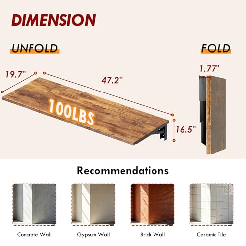 Need 47x20 Inch Wall Mounted Folding Table for Office Laundry Retro - color: Rustic Brown Desktop & Black Shelf Brackets, size: L47.2" * W20"