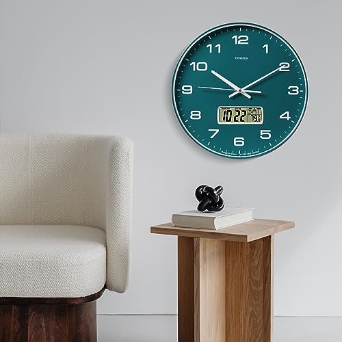 Wall Clock, 14" Large Dial Non-Ticking Silent Battery Operated Analog with LCD Display for Perpetual Calendar and F° Temperature, Ideal Modern Home, Bedroom, Kitchen, Office Decor(Green) | Perpetual calendar, Fahrenheit temperature, easy-to-read analog di