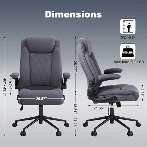 ralex-chair 2 Pack Big and Tall Office Chair -500 lb Heavy Duty Office Chair for Big Man, Fabric High Back Executive Office Desk Chair with 120° Tilt Rock,Computer Desk Chair with flip up arm - Grey - color: Grey, size: set of 2